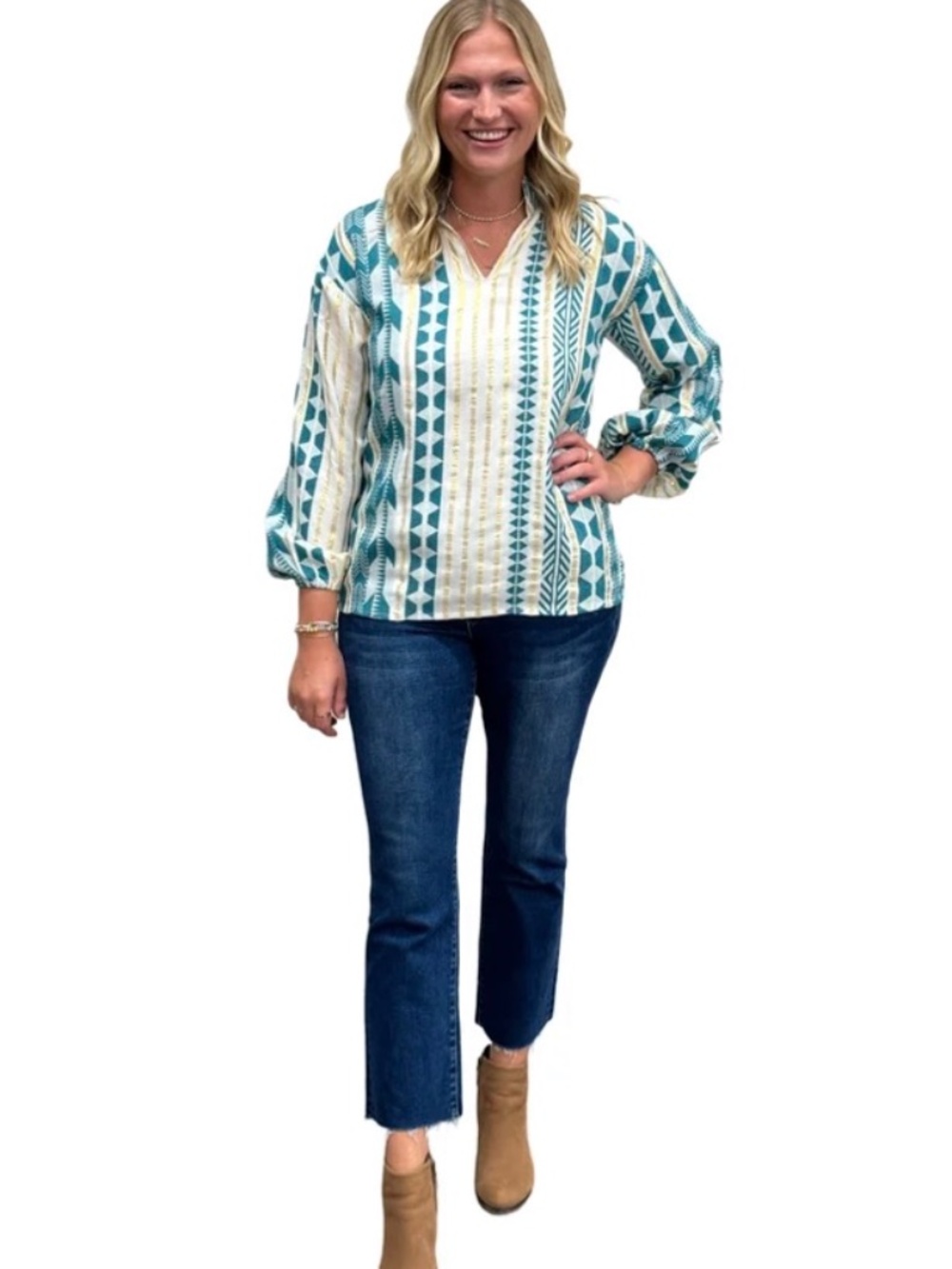 Phoebe Emerald and Gold Cotton Jacquard Striped Top, NWT